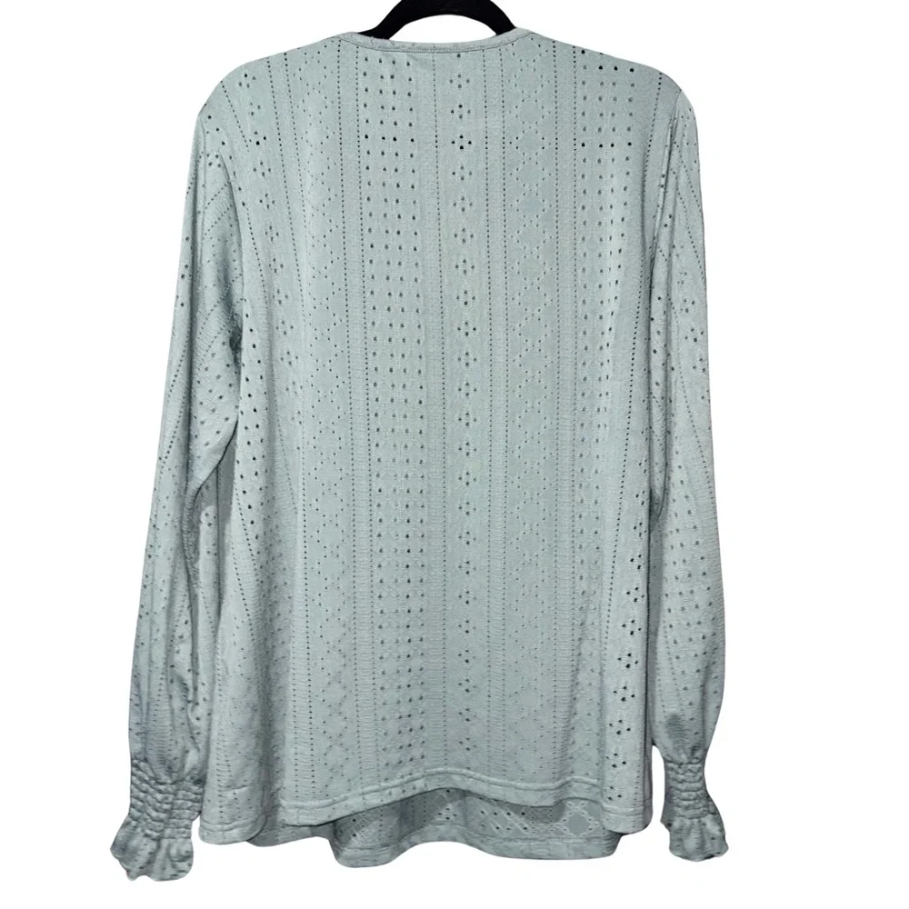 Mint Sage Green Relaxed Smocked Eyelet Blouse with Long Sleeves - Picture 5 of 5